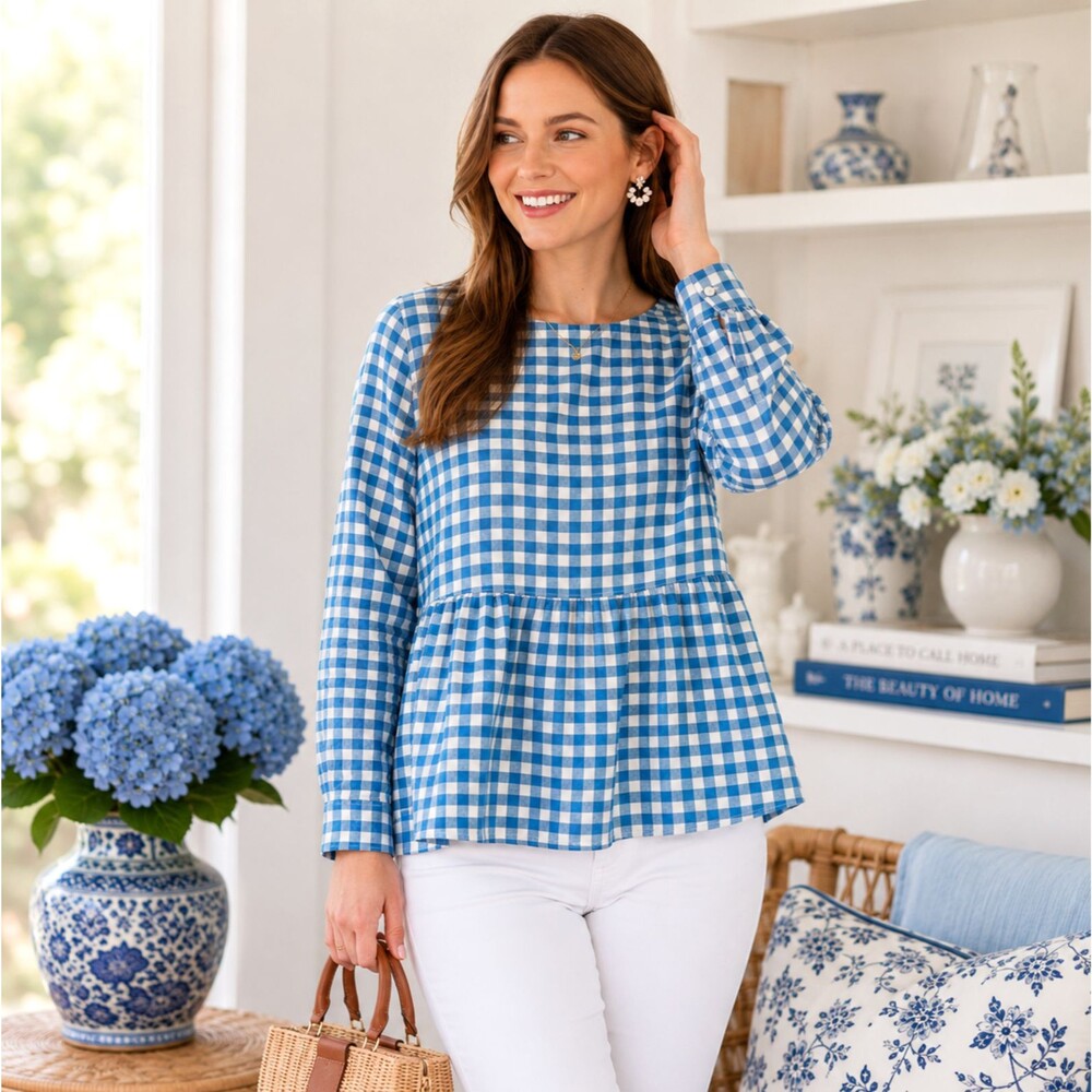 Mo:vint Tuckernuck Gingham Peplum Blouse L Blue White Babydoll Cotton Cottage